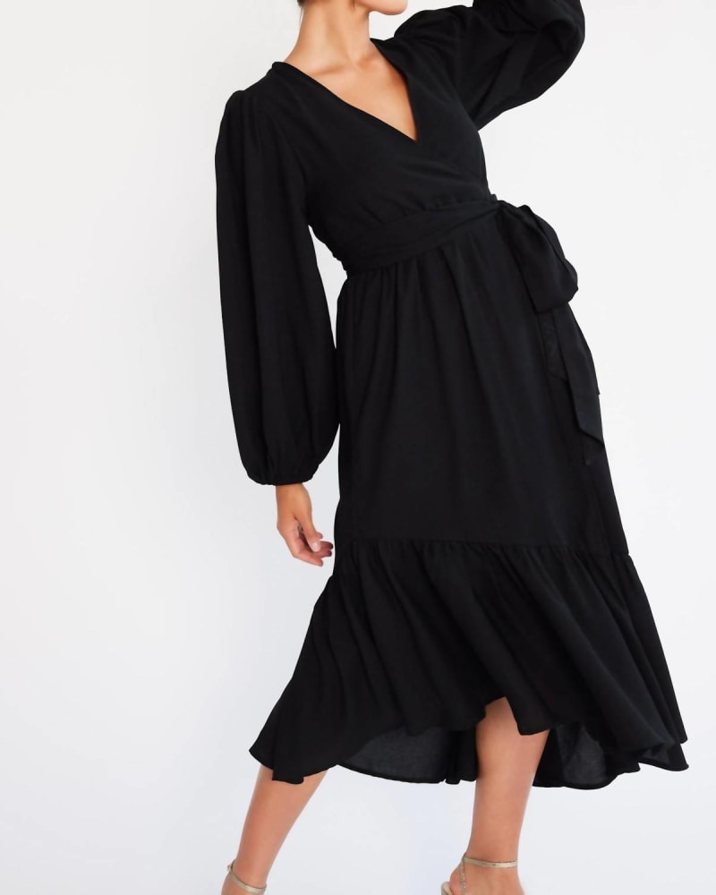 Front of a model wearing a size LARGE Adele Dress In Black Georgette in Black Georgette by MILLE. | dia_product_style_image_id:351678